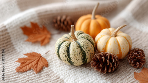 Wallpaper Mural Autumn gourds and pinecones resting on cozy blanket in gentle breeze Torontodigital.ca