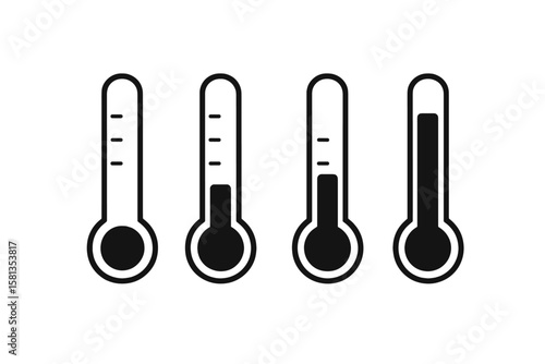 Thermometer icon set with temperature level indicators. Vector symbols for weather apps, websites, UI design. Hot, cold climate gauge. Goal fundraising progress meter icons.