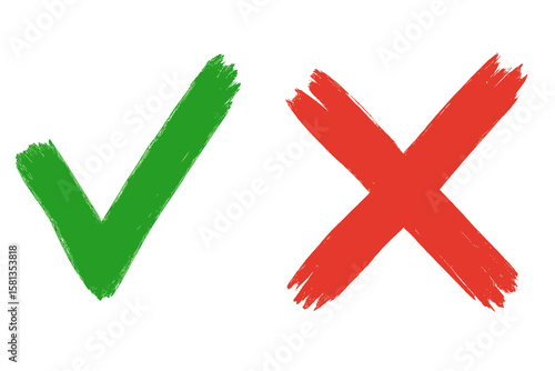 Checkmark and cross icons. Yes no vote button. Right wrong choice. Correct incorrect concept. Green tick and red x mark. Hand painted brush stroke vector symbol illustration.