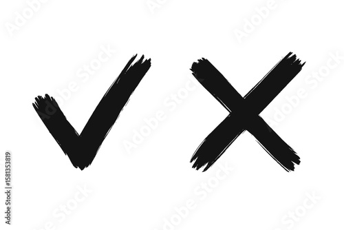 Hand-drawn check mark and cross symbols. Grunge brush stroke style tick and X icons. Yes and No vector buttons. Approval and rejection signs for web and app user interface.