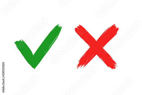 Tick and cross mark grunge brush painted vector symbols. Green checkmark and red X icon. Hand drawn doodle sketch style. Yes and no button for approval and rejection signs.
