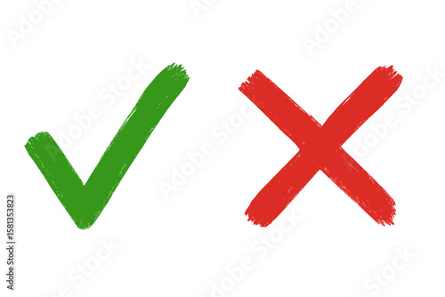 Green tick check mark and red cross X icon. Hand drawn brush paint style. Yes and no symbol. Correct, incorrect sign. Approval, rejection concept. Vector illustration.