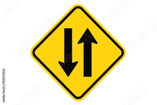 Two way traffic road sign in yellow diamond shape with black arrows. Vector illustration for transport safety. Warning information symbol isolated on transparent background.