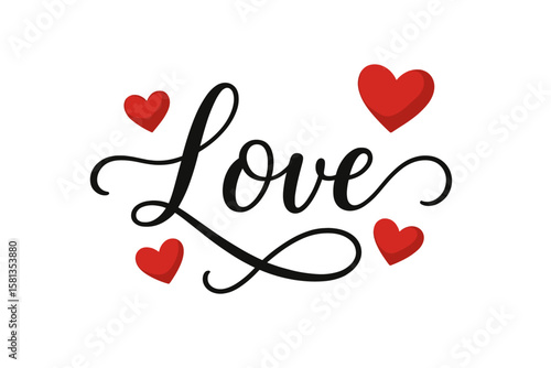 Valentine's Day love calligraphy banner with red hearts, isolated on transparent background, high-quality transparent PNG and vector illustration, romantic design