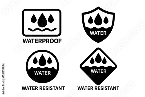 Waterproof icon set. Water resistant signs. Liquid protection symbol. Water repellent label. Hydrophobic sticker. Impermeable badge. Drop shield logo. Vector quality mark.