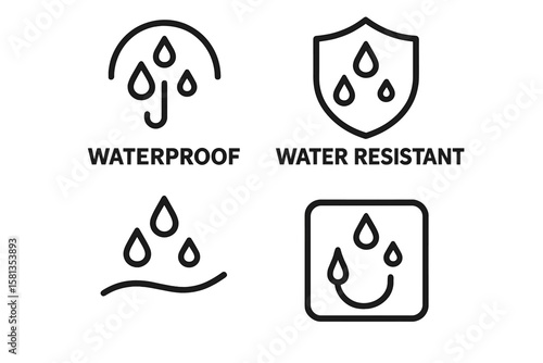 Waterproof and water resistant vector icon set. Liquid protection symbols for packaging. Water repellent, impermeable, and hydrophobic properties line art illustration for products.