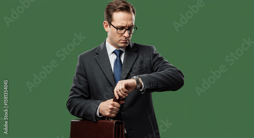 A concerned businessman in a suit checks his wristwatch while holding a briefcase, on a green background.