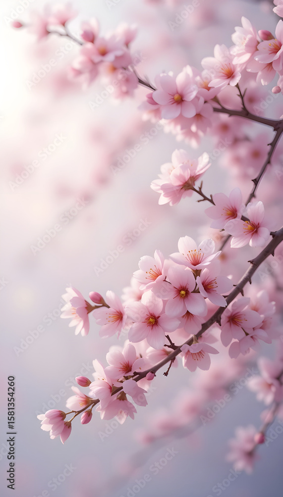 Delicate Pink Blossoms in Springtime Embrace.A close-up view of blossoming pink flowers, likely cherry blossoms, on branches against a soft, pastel background. Delicate Pink Blossoms in Springtime Embrace.A close-up view of blossoming pink flowers, likely cherry blossoms, on branches against a soft, pastel background.