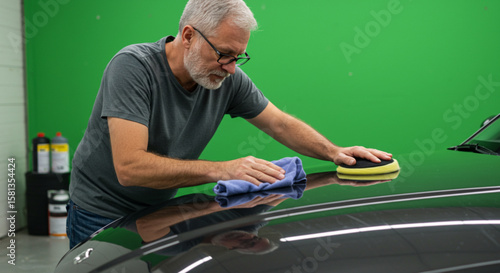 A mature man carefully polishing the roof of a black car with a cloth and sponge.