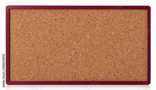 Classic cork board with natural brown surface and maroon red frame, isolated on white background. Ideal for mockups, announcements, or educational and office-related visual projects.