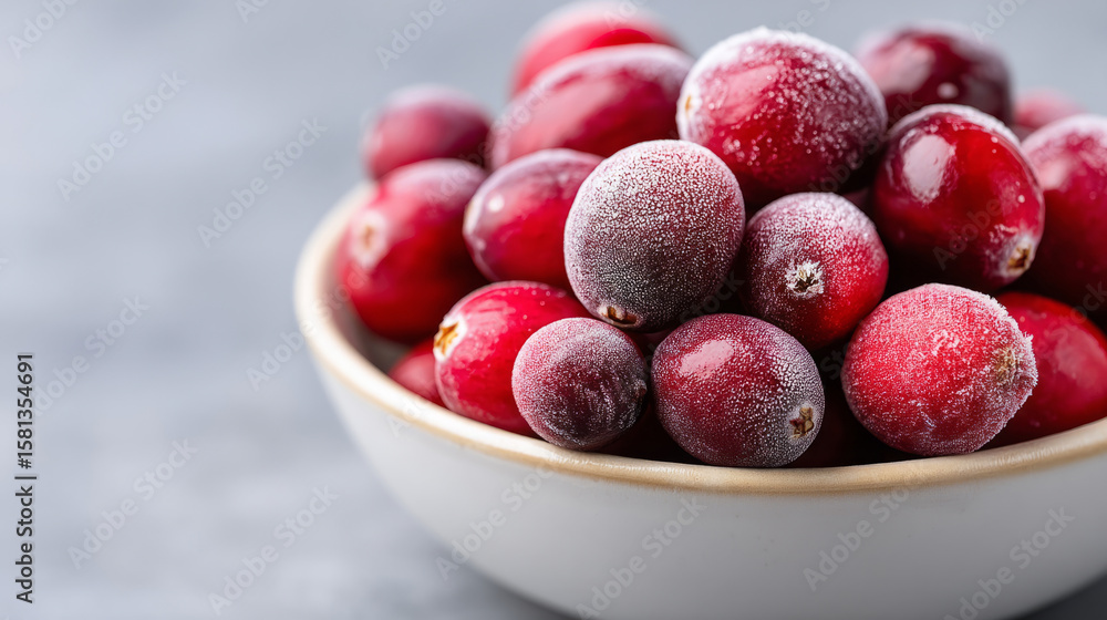 Frosted cranberries in white bowl in macro view for culinary art and seasonal decor Frosted cranberries in white bowl in macro view for culinary art and seasonal decor