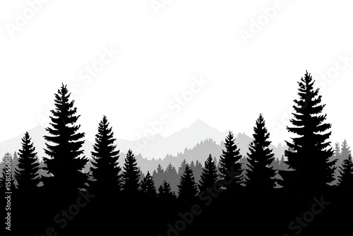 black silhouette of forest with pine trees, hills in layers, clean negative space style, modern vector composition on white background