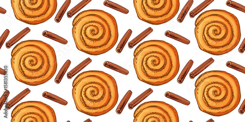 Seamless Cinnamon Roll pattern. Home Baking text. Pastry sweet bakery, top view. Vector sweet nutrition crusty snack. Repeated background for wallpaper, wrapping, packing, textile, scrapbooking
