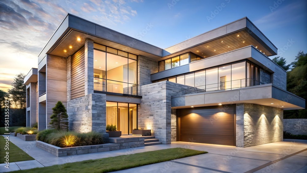 Fototapeta premium Luxurious modern home with stone facade and large windows at twilight