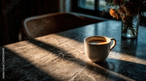 Sunlit coffee cup on a marble table