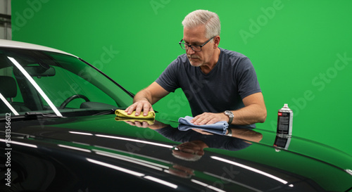 Mature man meticulously cleaning a black car hood with a yellow cloth and polishing product.
