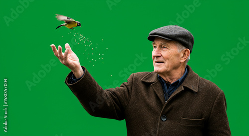 Elderly man in a cap gently feeding a bird in flight against a vibrant green backdrop.