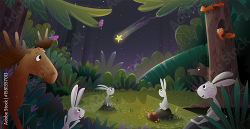 Magical forest adventure at night with stars trees and bushes. Animals like rabbit, moose, and squirrel look at a shooting star. A dreamy kids vector cartoon illustration, fairytale for children.
