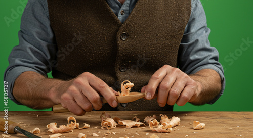 Close-up of a carpenter's hands meticulously shaping wood, sawdust scattered around the work area.