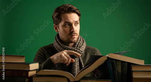 A thoughtful man with a book, surrounded by stacks of books, against a solid green background.