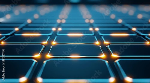 Futuristic geometric shapes glowing in motion, blue and yellow, digital vibe