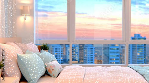 Cozy pastel-toned sleeping area with soft lights and star decorations near a large panoramic window overlooking city skyscrapers, as the camera moves to reveal a dreamy pink-yellow sunset sky