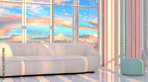 Soft pastel room flooded with sunlight, camera glides past windows, view of sky with drifting clouds and twinkling stars