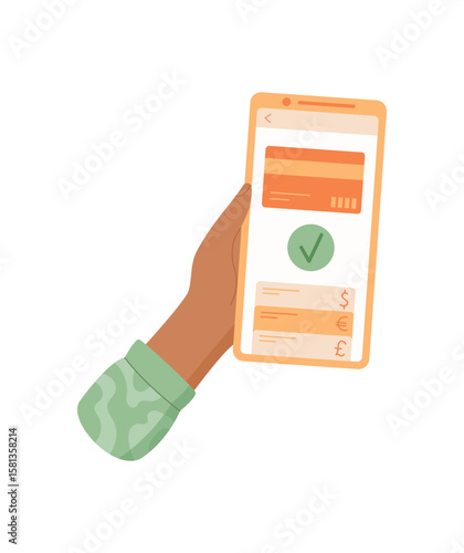 Phone in hand for payment. Mobile device held by a user to complete a transaction. Touchscreen app for card payment, digital technology sharing in business context.