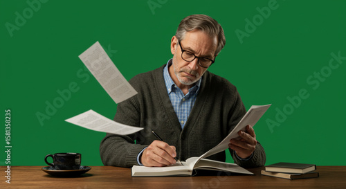 Focused Senior Man Working at Wooden Desk with Floating Papers on Green Backdrop