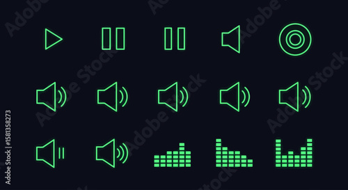 Green line icons representing various audio controls and functions.