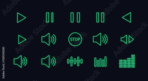 Neon green audio control icons, including play, pause, stop, and volume adjustments, against dark background.