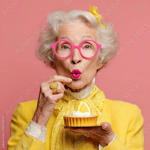 femme retraité habillée en jaune avec des lunetes roses et une tarte au citron - IA Generated