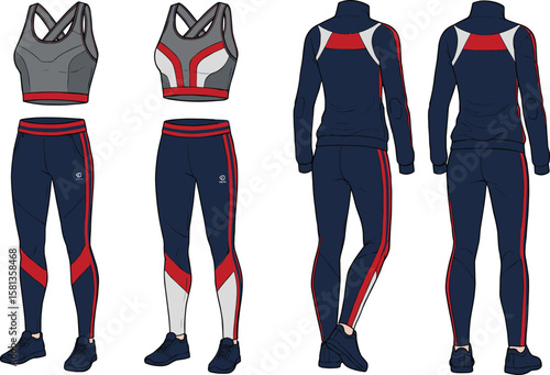 Fashion illustration, sportswear set, athletic outfit, technical sketch, racerback sports bra, long sleeve top, leggings design, activewear mockup, trendy apparel, stylish clothing
