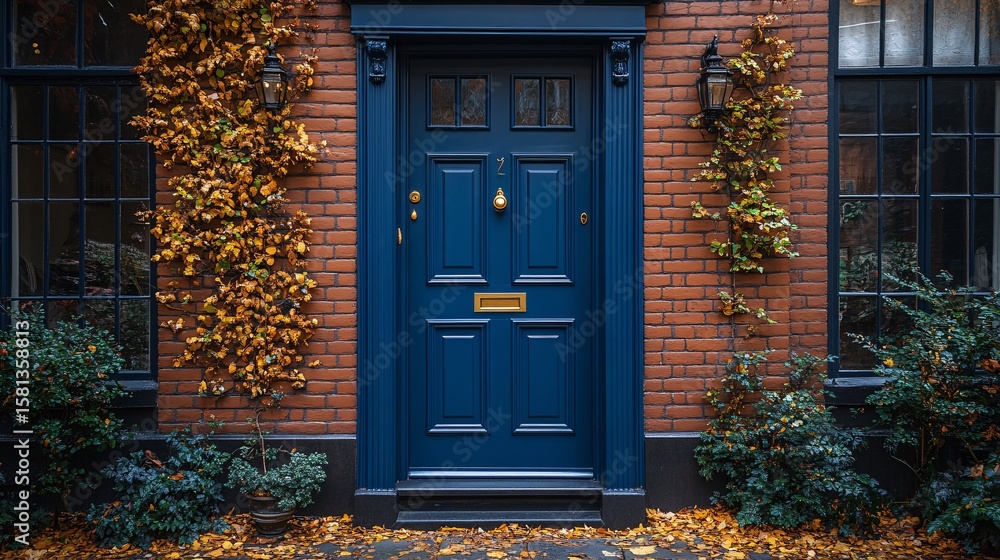 Naklejka premium Dark Blue Front Door on a Red Brick Building with Autumn Leaves