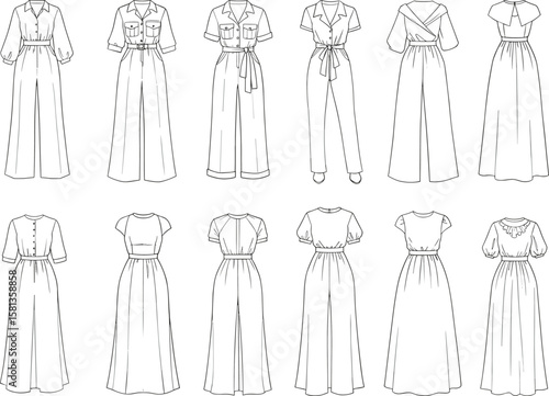 Fashion sketch collection, jumpsuit and dress designs, technical garment illustration, varied styles front and back view, apparel mockup layout, stylish outfit concept