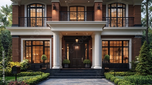 Elegant Brick House Exterior With Columned Porch And Warm Lighting Exterior Design Ideas Exterior View Of House Brick Architecture Entrance Building Front View Residential Property House Exterior