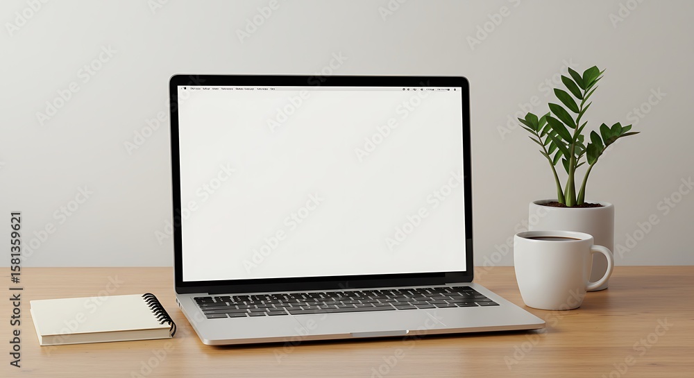 Fototapeta premium Minimalist Workspace Laptop and Coffee on Wooden Desk for Productivity and Focus in Home Office Setup