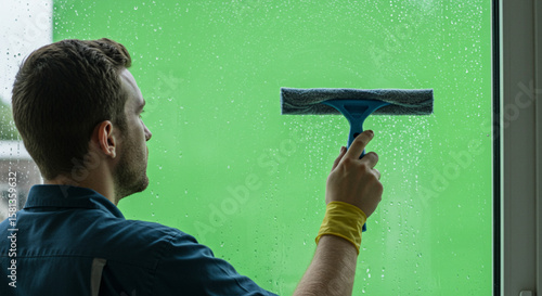 A man in a yellow glove cleans a wet window with a squeegee against a green background.