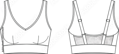 V-neck bra fashion sketch, technical garment drawing, adjustable strap design, mesh panel detail, wide underband concept, stylish lingerie mockup, clothing illustration, apparel layout