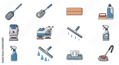 Cleaning Equipment Icons: Vector Set for Professional Cleaning Services