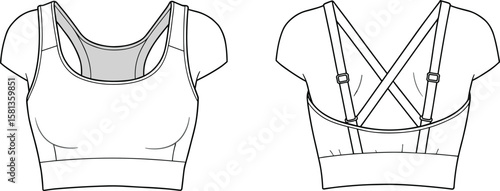 Vector sketch of sports bra with scoop neckline front and crisscross adjustable strap back, technical activewear mockup template for garment design and fashion projects