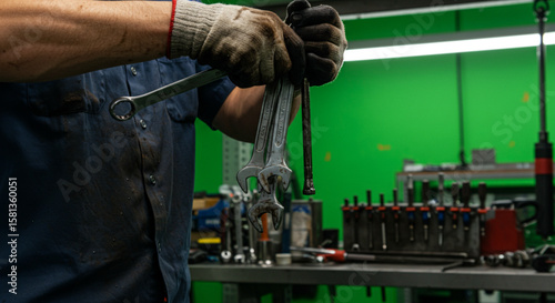A mechanic wearing work gloves uses a large wrench to assemble a metal part on a workbench in a professional workshop.