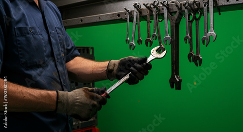 A mechanic wearing protective gloves selects a metal wrench from a tool rack in a workshop.