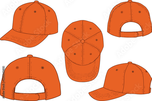 Vector illustration of orange baseball cap in five views, front, back, top, left, and right, apparel mockup template for fashion design projects