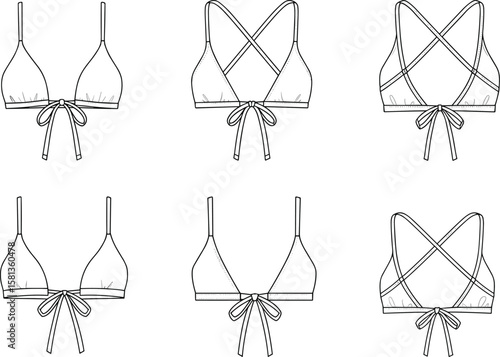 Flat Sketch Set of Bikini Tops Featuring Multiple Strap Styles and Tie Front Details, Front and Back Views for Fashion Designers, Swimwear Illustrators, Mockups