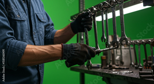 A mechanic wearing black gloves selects a socket wrench from a tool rack in a workshop with a green screen background.