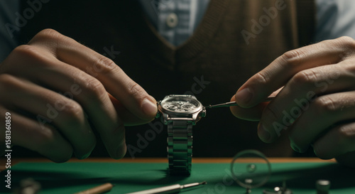 A watchmaker meticulously repairs a wristwatch, using precision tools to work on its intricate internal mechanisms with focused concentration.