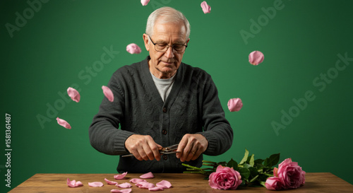 An elderly man with glasses carefully trims pink roses on a wooden table, with petals falling around him against a vibrant green background.