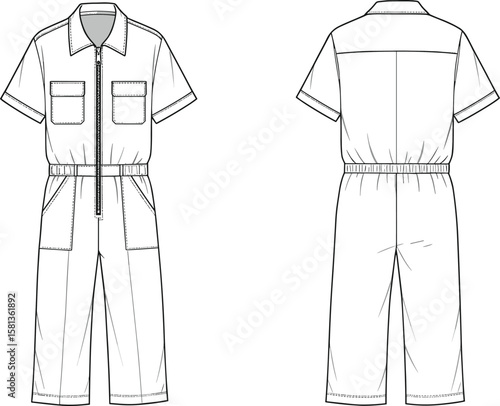Flat Sketch of Short-Sleeve Jumpsuit with Front Zipper, Collar, Chest and Side Pockets, Elastic Waistband, Ideal for Fashion Designers, Technical Apparel Mockups