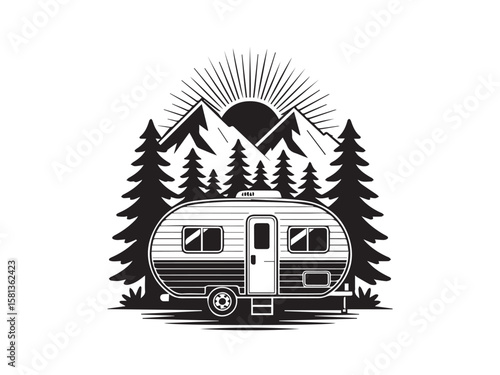 outline icon of classic camping trailer in woodland landscape with mountain range and sunrise vector art